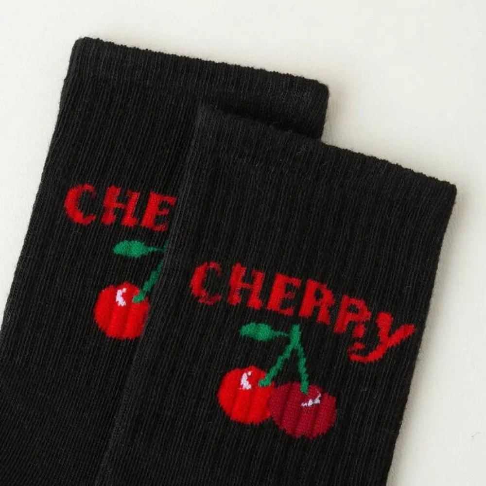 •Cherry Pop• Black Graphic Cherry Print Crew Socks 3 for $21